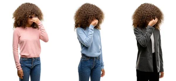 Afro Americana Jovem Vestindo Roupas Diferentes Cansado Esfregando Nariz Olhos — Fotografia de Stock