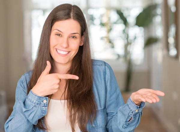 Young Beautiful Woman Home Very Happy Pointing Hand Finger — Stock Photo, Image