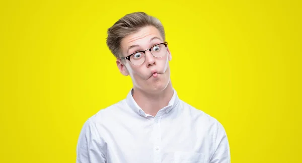 Young Handsome Blond Man Making Fish Face Lips Crazy Comical — Stock Photo, Image