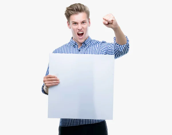 Young Handsome Blond Man Holding Banner Annoyed Frustrated Shouting Anger — Stock Photo, Image