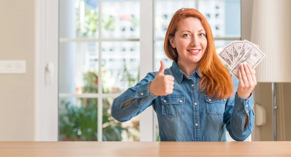 Redhead Woman Holding Dollar Bank Notes Home Happy Big Smile — Stock Photo, Image