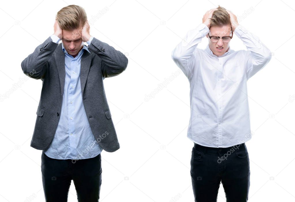 Young handsome blond business man wearing different outfits suffering from headache desperate and stressed because pain and migraine. Hands on head.