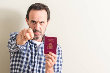 İspanyol pasaportu kamera ve size, el işareti, pozitif ve kendinden emin bir jest ön parmak ile işaret tutan komuta sizde