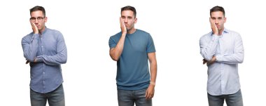 Yakışıklı genç adam giyen farklı kıyafetler arayan düşünme yorgun ve sıkılmış çapraz silah depresyon sorunları ile.