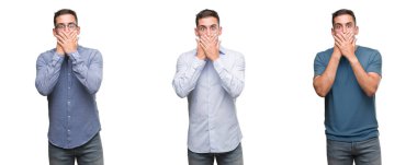 Farklı kıyafetler ağız hata için elleriyle kapsayan şok giymiş yakışıklı delikanlı. Gizli kavramı.