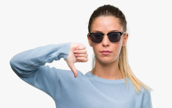 Beautiful Young Woman Wearing Sunglasses Ponytail Angry Face Negative Sign — Stock Photo, Image