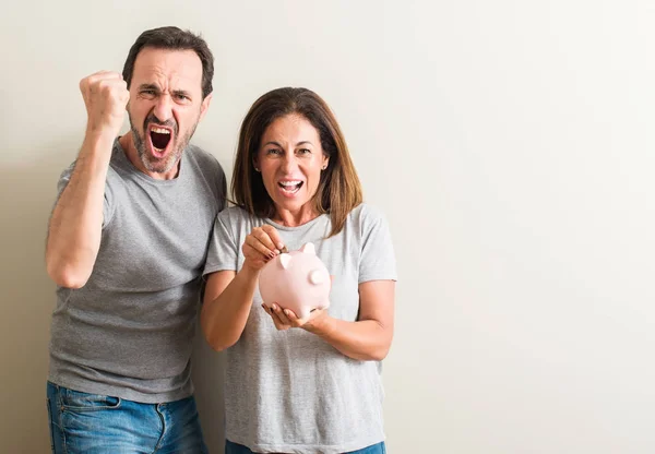 Middle Age Couple Woman Man Holding Piggy Bank Annoyed Frustrated — Stock Photo, Image
