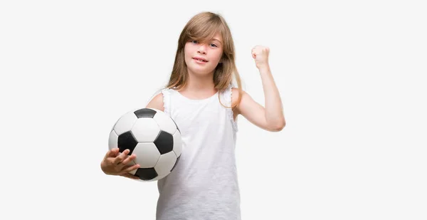 Young Blonde Toddler Holding Football Ball Screaming Proud Celebrating Victory — Stock Photo, Image