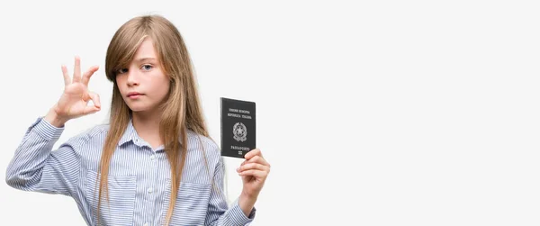 Young Blonde Toddler Holding Italian Passport Doing Sign Fingers Excellent — Stock Photo, Image