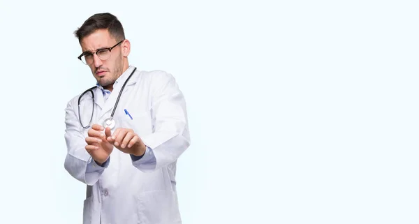 Handsome Young Doctor Man Disgusted Expression Displeased Fearful Doing Disgust — Stock Photo, Image