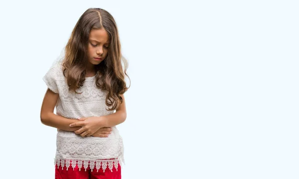 Menina Hispânica Morena Com Mão Estômago Porque Náuseas Doença Dolorosa — Fotografia de Stock