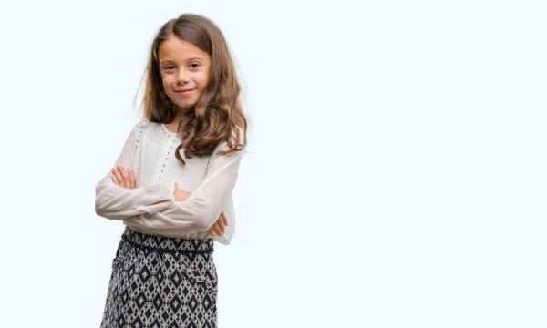 Morena Hispânica Menina Feliz Rosto Sorrindo Com Braços Cruzados Olhando — Fotografia de Stock