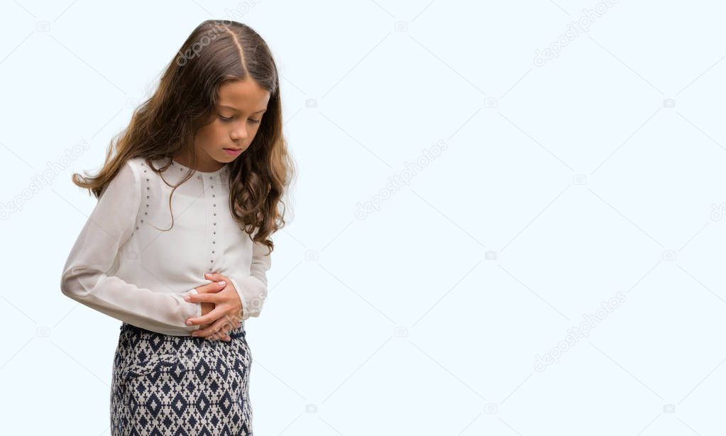 Brunette hispanic girl with hand on stomach because nausea, painful disease feeling unwell. Ache concept.