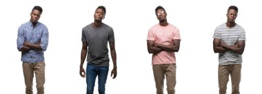 Kolaj bir Afrikalı-Amerikalı adam farklı kıyafetler şüpheci ve sinir, onaylamayan ifade yüz çapraz kollu giyiyor. Negatif kişi.