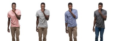 Kolaj bir Afrikalı-Amerikalı adam dudaklarında parmak ile sessiz olmanı farklı kıyafetler giyiyor. Sessizlik ve gizli kavramı.