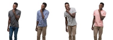 Kolaj bir Afrikalı-Amerikalı adam emin çapraz kollar ve çeneme kaldırdı el ile gülümseme ile kameraya bakarak farklı kıyafetler giyiyor. Pozitif düşünce.