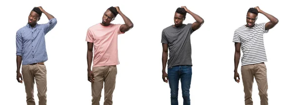 Koláž Afroamerické Muže Nosit Různé Oblečení Mást Zajímat Otázku Nejisté — Stock fotografie