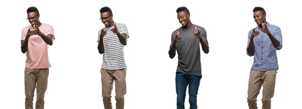 Коллаж Африканского Американца Одетого Разные Наряды Указывающего Пальцем Камеру Счастливым — стоковое фото