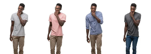 非洲裔美国人的拼贴画穿着不同的服装 对着相机微笑着 双手交叉双臂 双手举起下巴 积极思考 — 图库照片