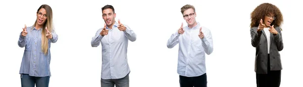 Team Business Men Women Pointing Fingers Camera Happy Funny Face — Stock Photo, Image