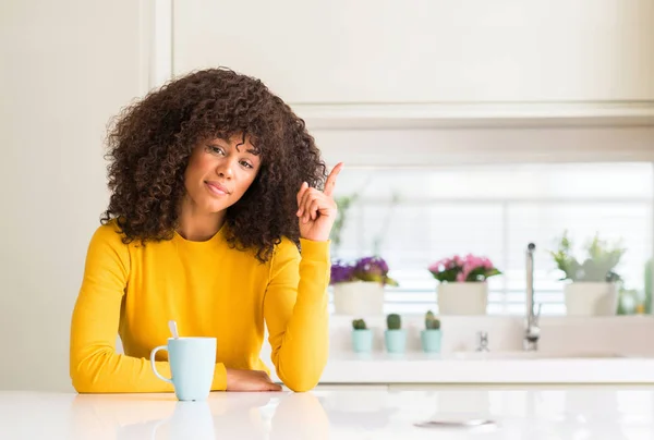 Beautiful African American Woman Holding Cup Coffee Home Very Happy — Stock Photo, Image