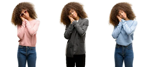 Mujer Joven Afroamericana Vistiendo Diferentes Trajes Durmiendo Cansada Soñando Posando — Foto de Stock