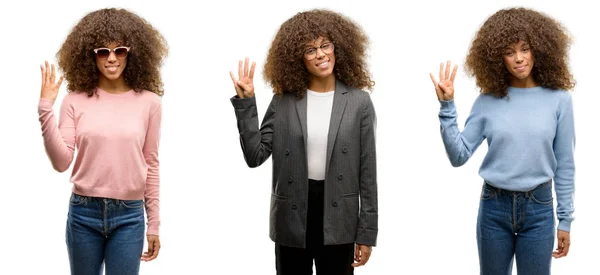 Africaine Américaine Jeune Femme Portant Différentes Tenues Montrant Pointant Vers — Photo