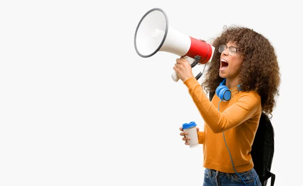 African American Student Woman Communicates Shouting Loud Holding Megaphone Expressing — Stock Photo, Image