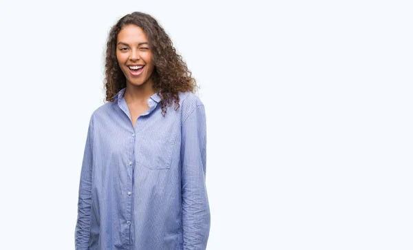 Young Hispanic Business Woman Winking Looking Camera Sexy Expression Cheerful — Stock Photo, Image