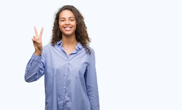 Jovem Mulher Hispânica Negócios Mostrando Apontando Para Cima Com Dedos — Fotografia de Stock