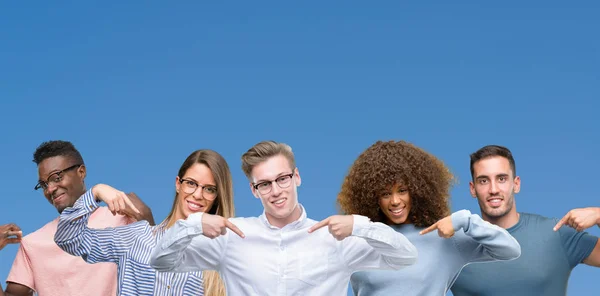 Composition Group Friends Blue Blackground Looking Confident Smile Face Pointing — Stock Photo, Image