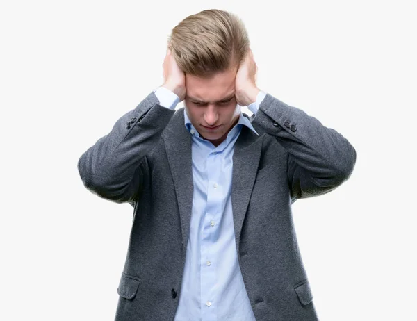 Young Handsome Blond Business Man Suffering Headache Desperate Stressed Because — Stock Photo, Image