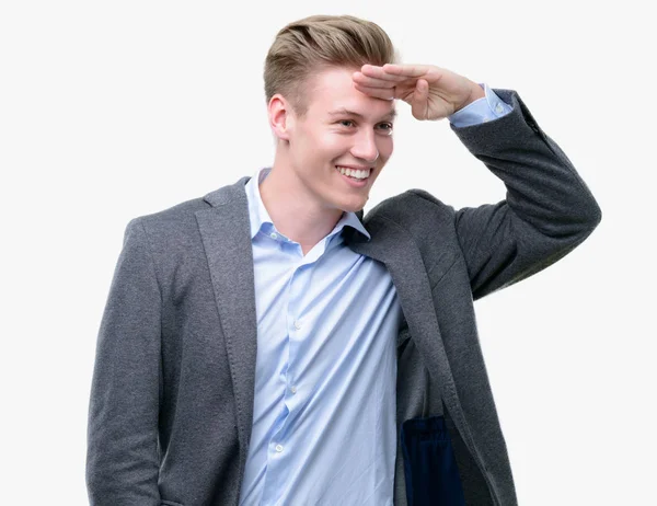 Young Handsome Blond Business Man Very Happy Smiling Looking Far — Stock Photo, Image