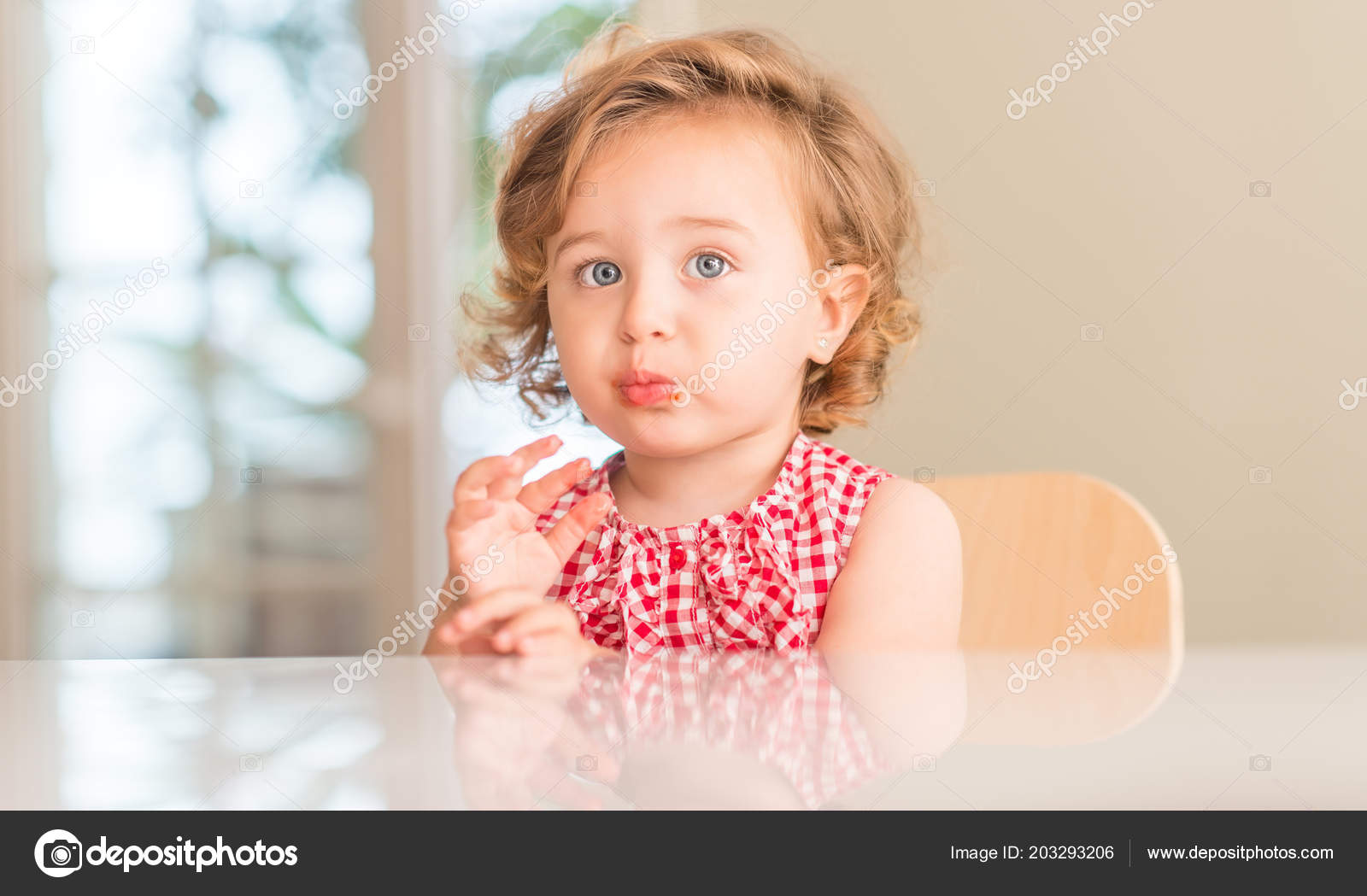 Beautiful Blonde Child Blue Eyes Eating Strawberry Home Stock