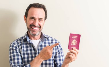İspanyol pasaportu çok mutlu el ve parmak ile tarafına işaret tutan komuta sizde