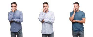 Yakışıklı genç adam stresli ve gergin ile farklı kıyafetler giyen tırnak ısırma dudaklarından eller. Anksiyete sorunu.