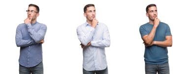 Emin çapraz kollar ve çeneme kaldırdı el ile gülümseme ile kameraya bakarak farklı kıyafetler giymiş yakışıklı delikanlı. Pozitif düşünce.