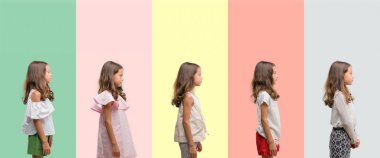 Esmer Latin kız tarafına bakarak farklı kıyafetler giyiyor, kolaj, doğal yüz emin gülümseme ile pozuyla profil sakin ol.