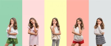 Kolaj esmer İspanyol kız emin çapraz kollar ve çeneme kaldırdı el ile gülümseme ile kameraya bakarak farklı kıyafetler giyiyor. Pozitif düşünce.