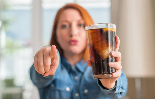 Redhead Woman Holding Soda Refreshment Pointing Finger Camera You Hand — Stock Photo, Image