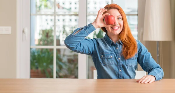 Redhead Woman Holding Red Apple Home Happy Face Smiling Doing — Stock Photo, Image