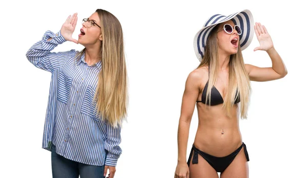 Unga Vackra Blonda Kvinnan Bär Business Och Bikini Outfits Ropade — Stockfoto