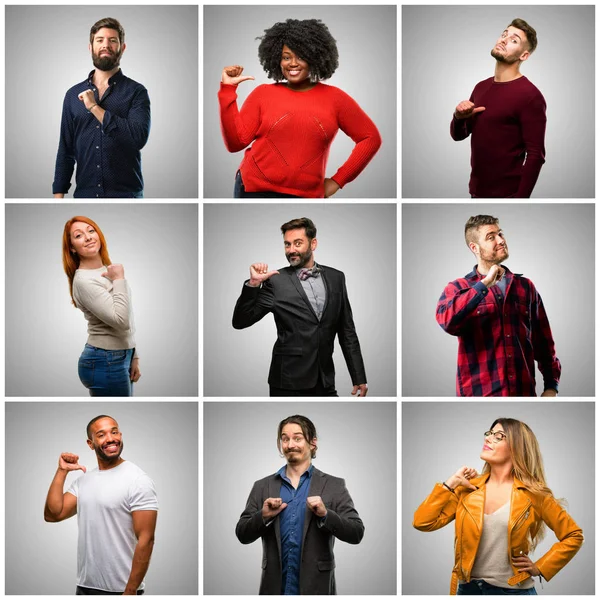 Group of mixed people, women and men proud, excited and arrogant, pointing with victory face