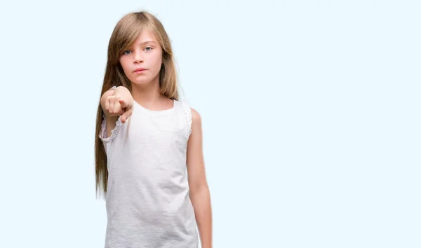 Young Blonde Toddler Pointing Finger Camera You Hand Sign Positive — Stock Photo, Image