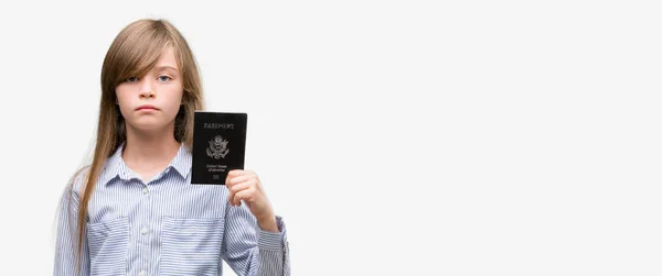 Young Blonde Toddler Holding American Passport Confident Expression Smart Face — Stock Photo, Image