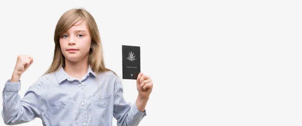 Joven Niño Rubio Sosteniendo Pasaporte Australiano Gritando Orgulloso Celebrando Victoria —  Fotos de Stock