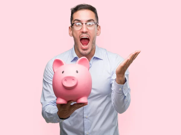 Handsome Young Man Holding Piggy Bank Very Happy Excited Winner — Stock Photo, Image