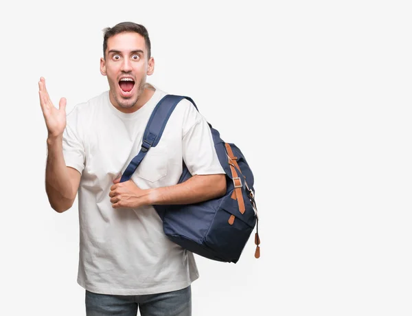 Handsome Young Man Holding Backpack Very Happy Excited Winner Expression — Stock Photo, Image