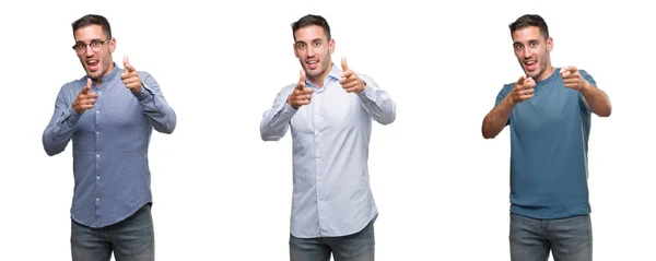 Schöner Junger Mann Verschiedenen Outfits Der Mit Dem Finger Die — Stockfoto