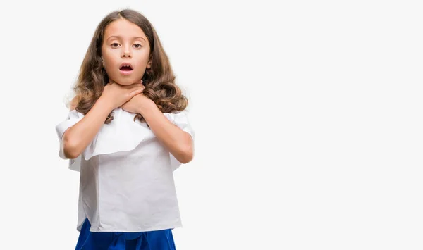 Morena Hispânica Menina Gritando Sufocar Porque Doloroso Estrangular Problemas Saúde — Fotografia de Stock